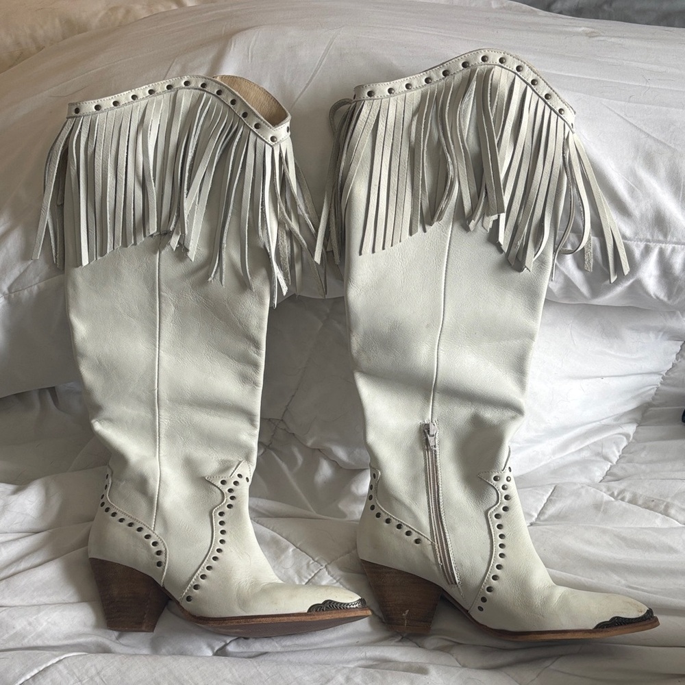 Fringed White Western Leather Boots